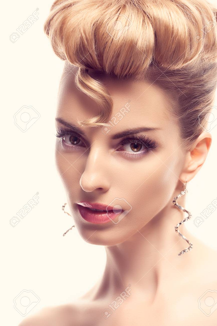Fashion Natural Makeup Beauty Woman With Mohawk Hairstyle Blonde