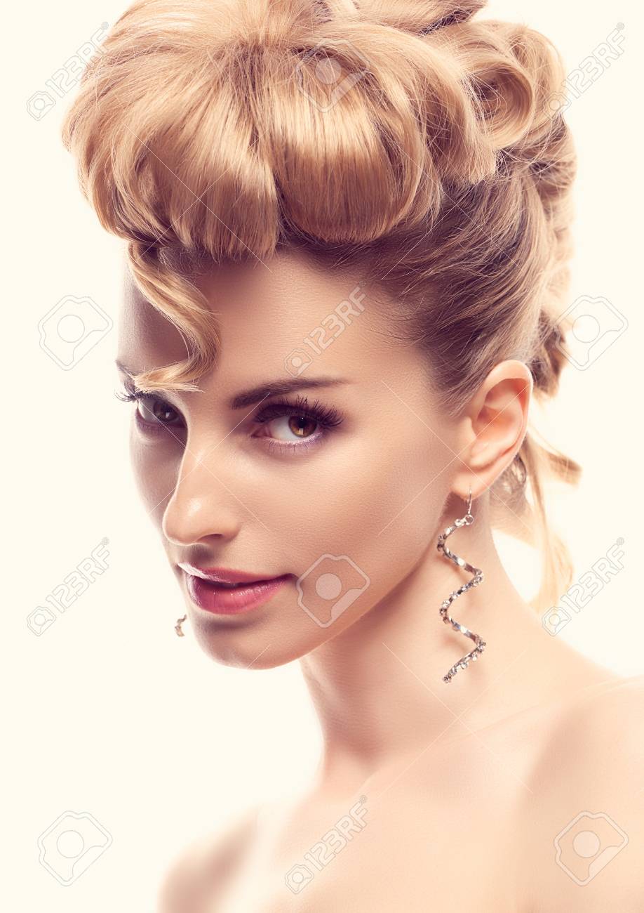 Fashion Natural Makeup Beauty Woman With Mohawk Hairstyle Blonde