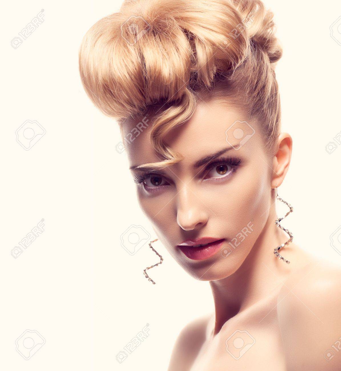 Fashion Natural Makeup Beauty Woman With Mohawk Hairstyle Blonde