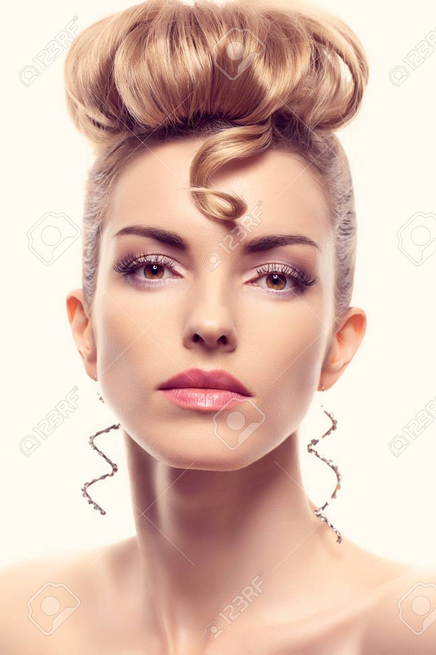 Fashion Natural Makeup Beauty Woman With Mohawk Hairstyle Blonde