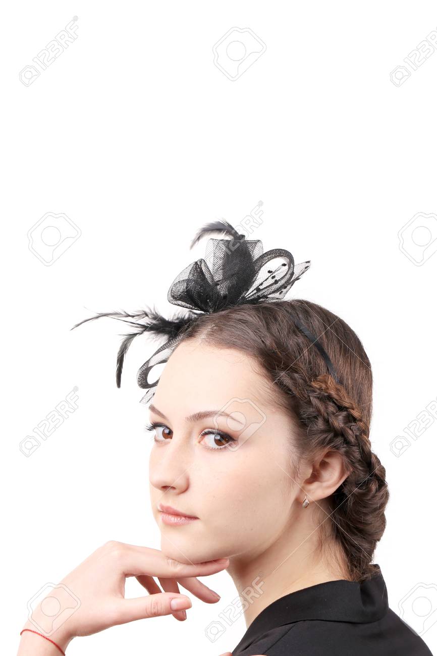 girl with ribbon on head isolated on a white background stock
