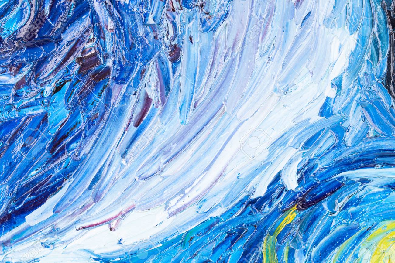 青と白の波の抽象油彩画