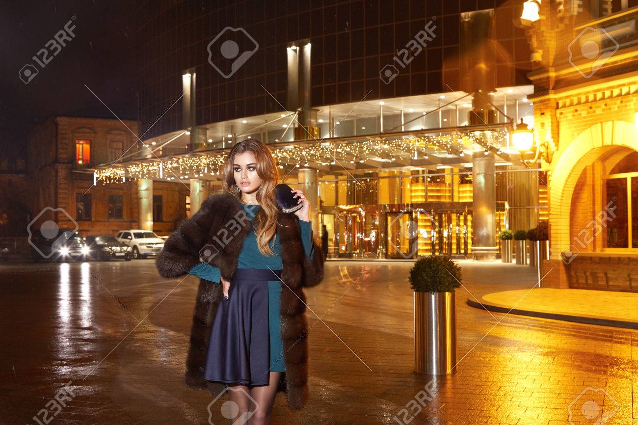 美しい若いセクシーな金髪着て夜化粧のエレガントなドレスおしゃれなスタイリッシュな高価な毛皮コート散歩夜街灯イブニング手ハンドバッグ高級豊かな生活行くパーティー コンサート の写真素材 画像素材 Image
