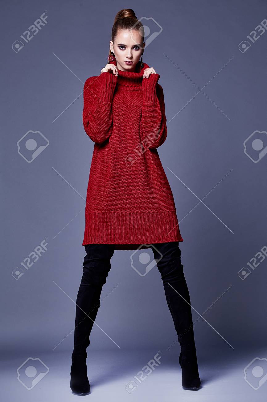 Sexy beautiful woman elegant lady wear casual clothes for every day red wool cashmere merino knitted dress fall winter collection lather black shoes fashion style glamour model wear trend brunette. - 91790181 Sexy beautiful woman elegant lady wear casual clothes for every day red wool cashmere merino knitted dress fall winter collection lather black shoes fashion style glamour model wear trend brunette. - 91790181