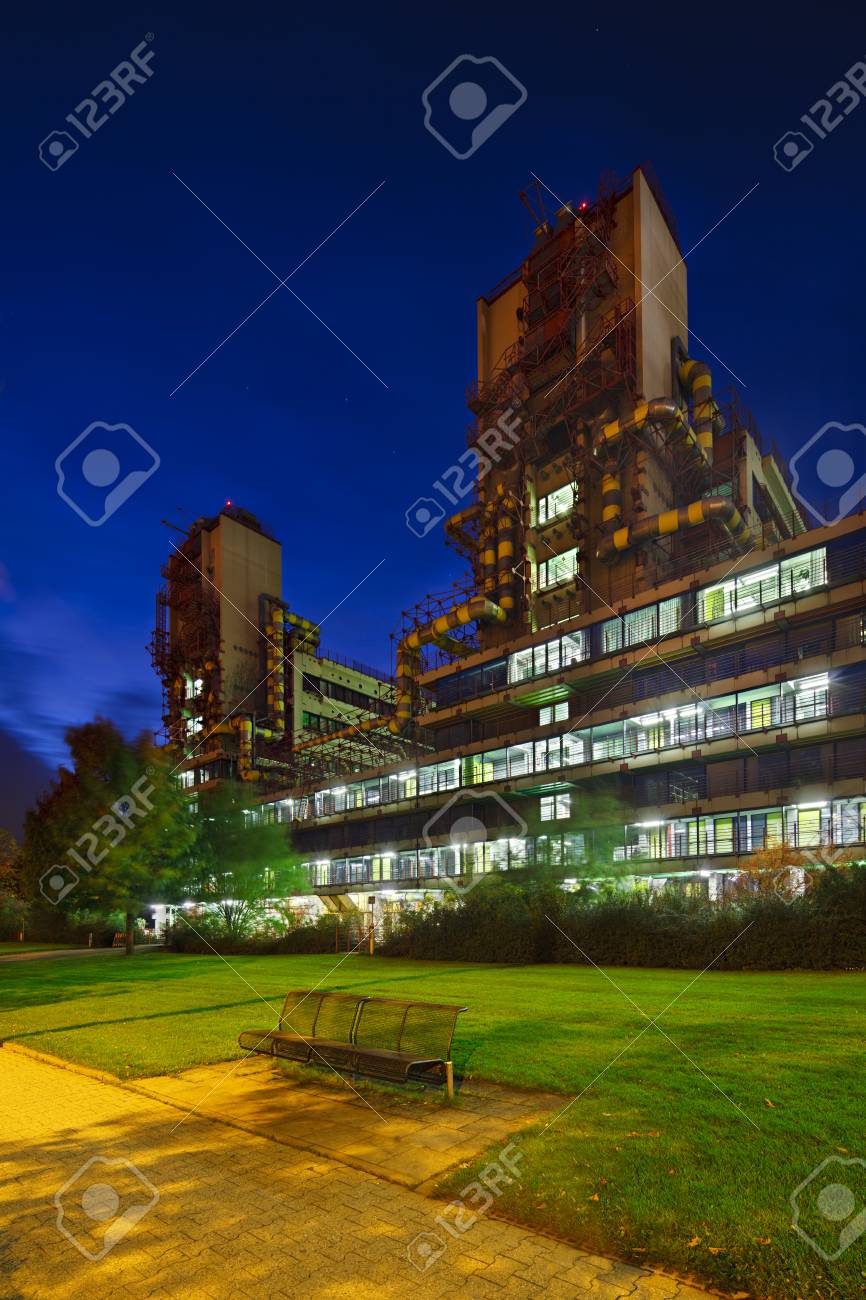 Stock Photo - The modern university clinic of Aachen, Germany with night blue sky. Perspective corrected via lens shift.
