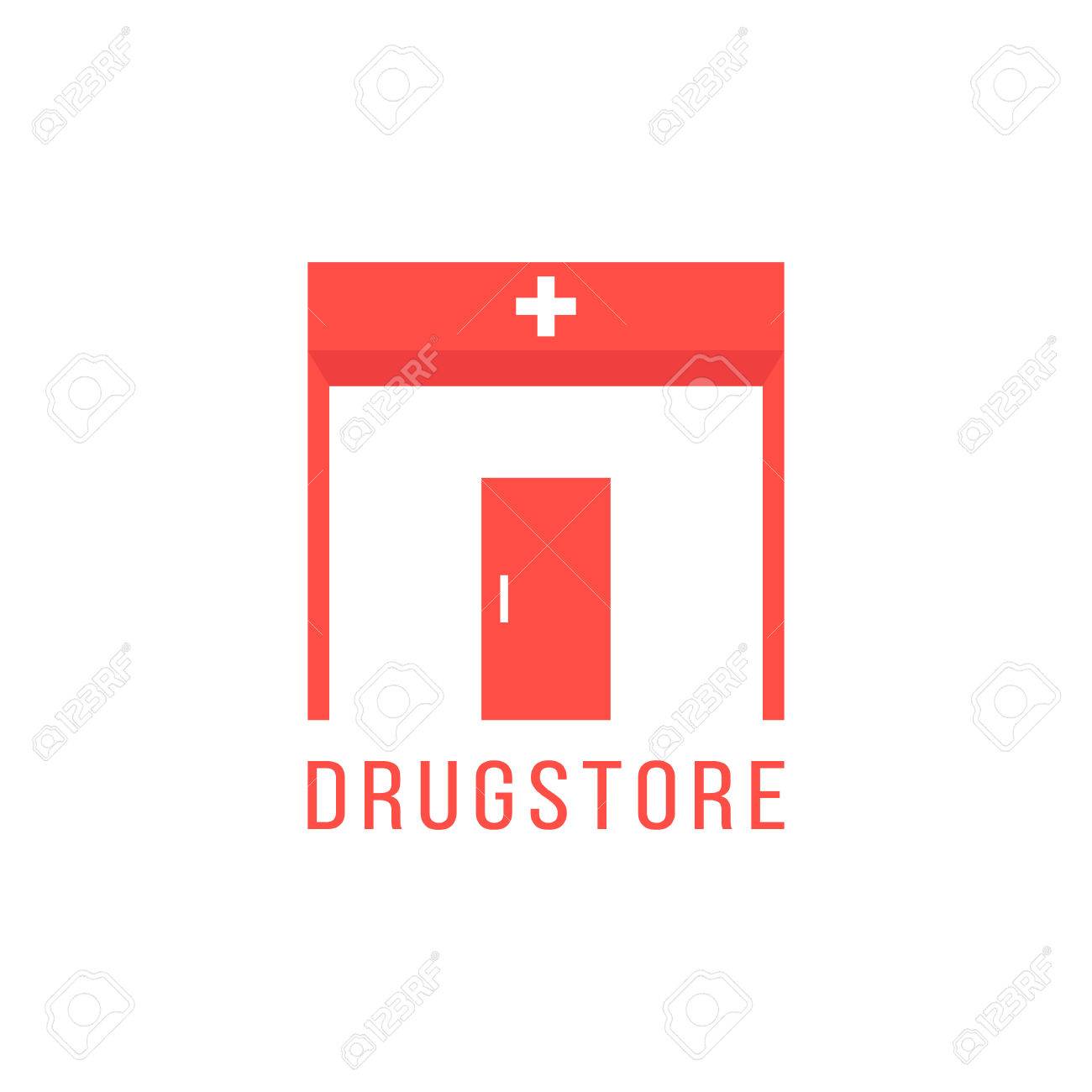 薬局ロゴ赤ドラッグ ストアの建物 救急医療アプリケーション 会社のブランド マーク薬局のコンセプトです 白い背景上に分離 フラット スタイル ブランドの設計図 のイラスト素材 ベクタ Image