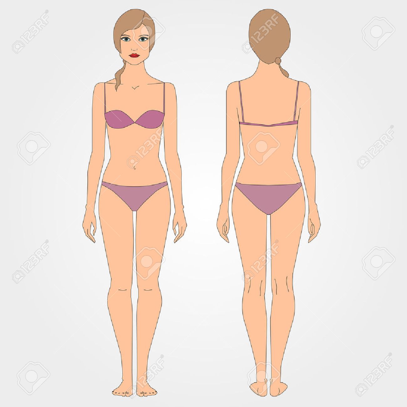 図面の女性の体の前面と背面 フラットなデザインを図します 女性の身体のドラフト画像 のイラスト素材 ベクタ Image