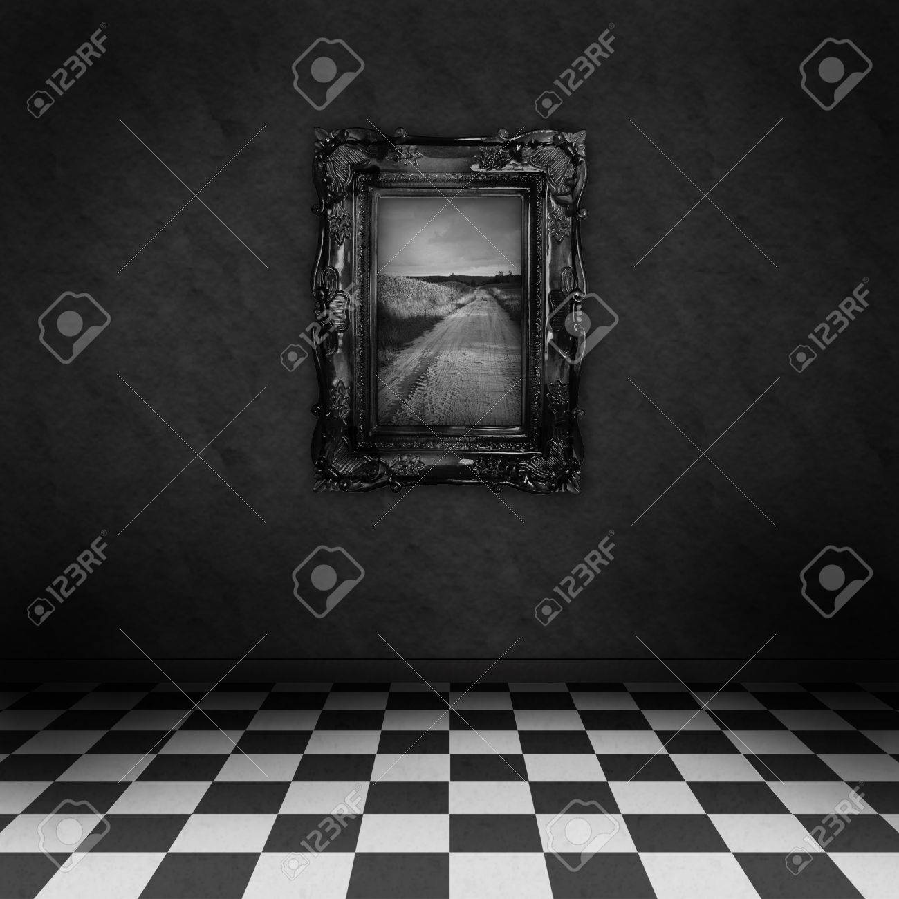 Vacío, cuarto oscuro, psicodélico con corrector blanco y negro en el suelo y una pintura que simboliza la esperanza, en la pared oscura Vacío, cuarto oscuro, psicodélico con corrector blanco y negro en el suelo y una pintura que simboliza la esperanza, en la pared oscura