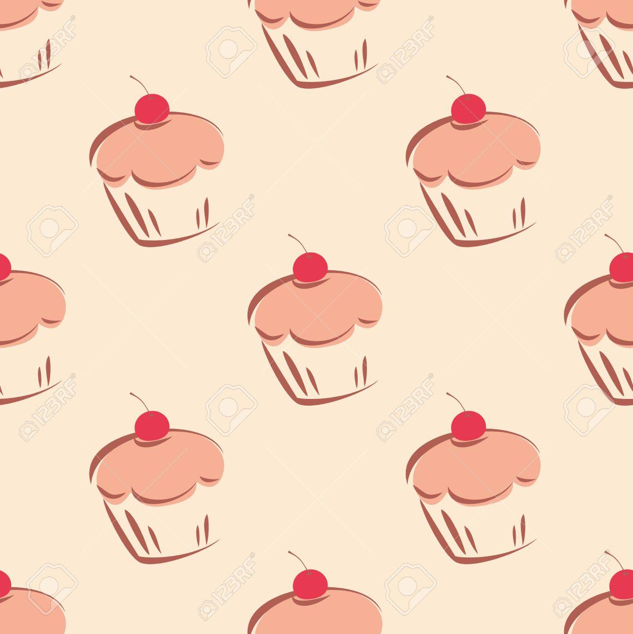 赤い桜のカップケーキ 手描きのマフィン 甘いケーキ デザート背景デスクトップの壁紙 装飾料理ウェブサイトまたはブログのお菓子とのシームレスなベクター パターンまたはタイル テクスチャ のイラスト素材 ベクタ Image