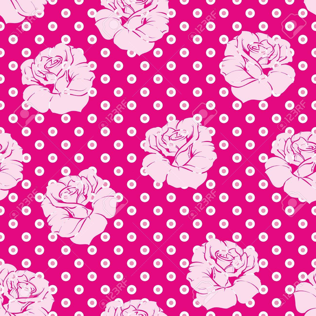 ピンクのバラと白の水玉と花柄シームレスなベクトル レトロな背景 デスクトップ壁紙用ファッションのブログや夏のウェブサイト のイラスト素材 ベクタ Image