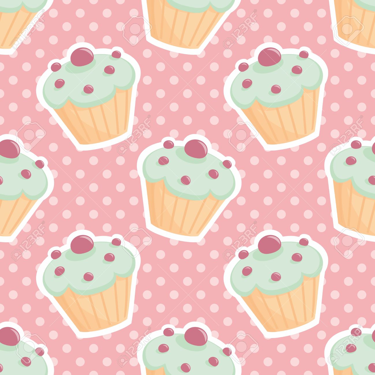 カップケーキとパステル ピンクの背景に水玉タイル パターン ベクトルのイラスト素材 ベクタ Image