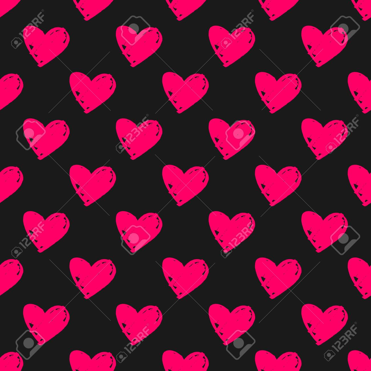 Tile Vector Pattern With Pink Hearts On Black Background For