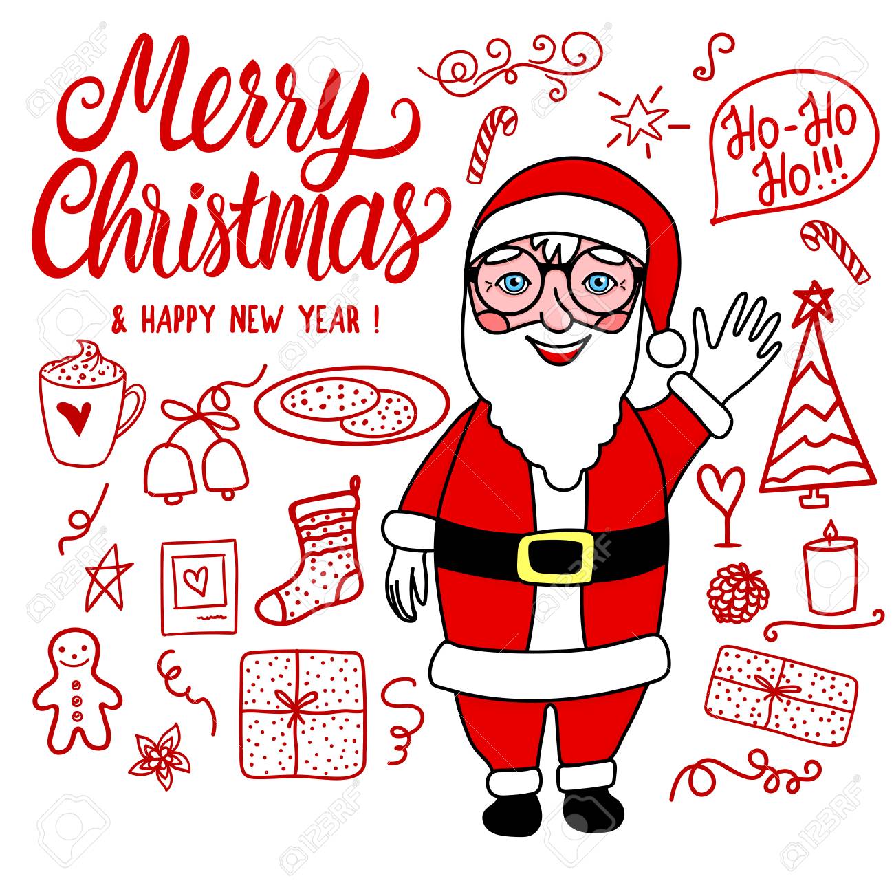 Merry Christmas Doodle Set And Santa Claus Vector Red Hand Drawing