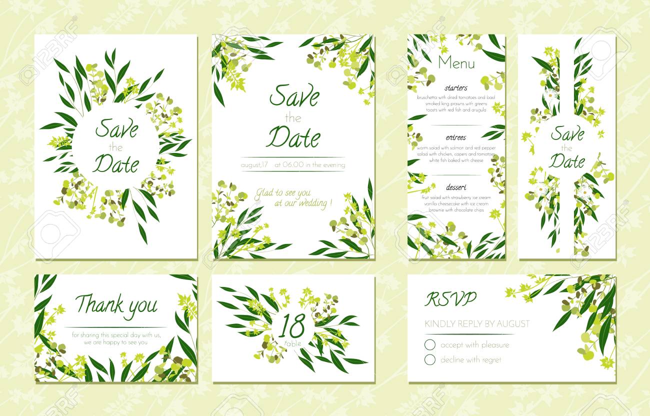 eucalyptus design wedding invitation menu rsvp thank you save the date cards templates
