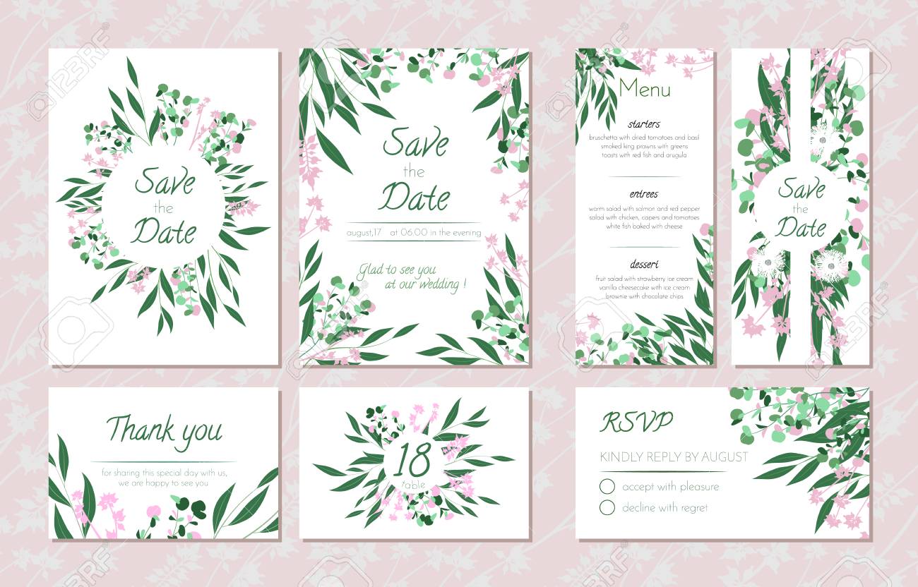 wedding card templates set with eucalyptus decorative frames