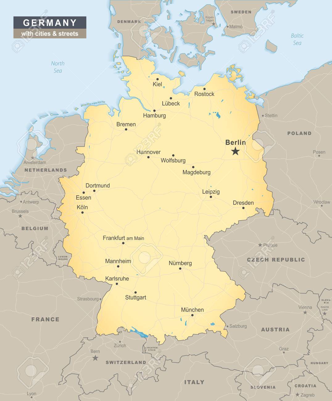germany map overview with streets and cities including neighbour states illustration stock illustration 72356052