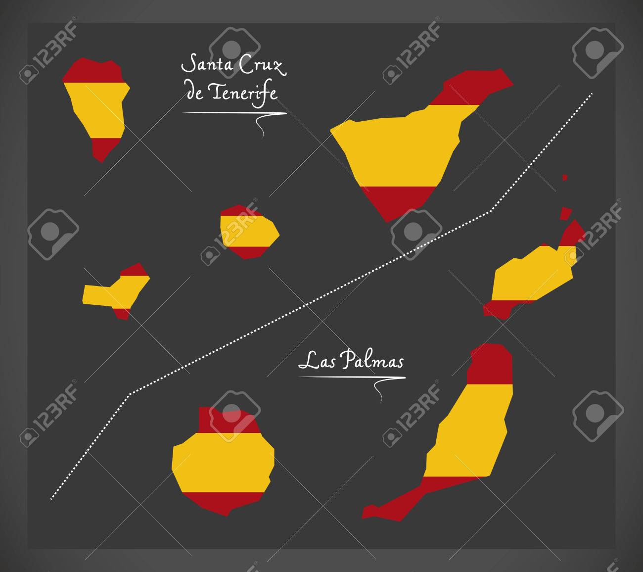 スペインの国旗のイラストがテネリフェ島 ラス パルマス島の地図のイラスト素材 ベクタ Image