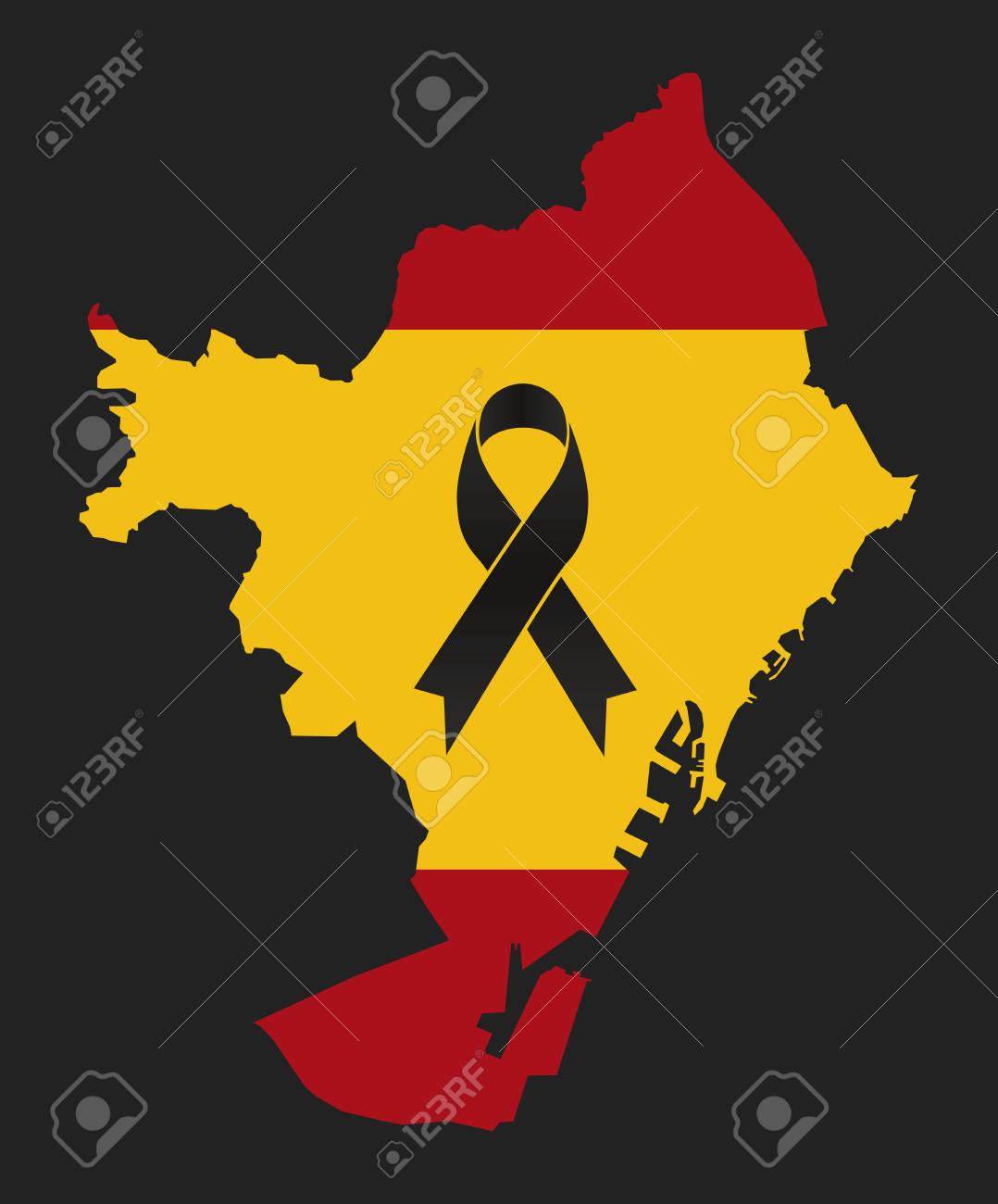 スペインの国旗とバルセロナお悔やみマップ 黒リボン のイラスト素材 ベクタ Image