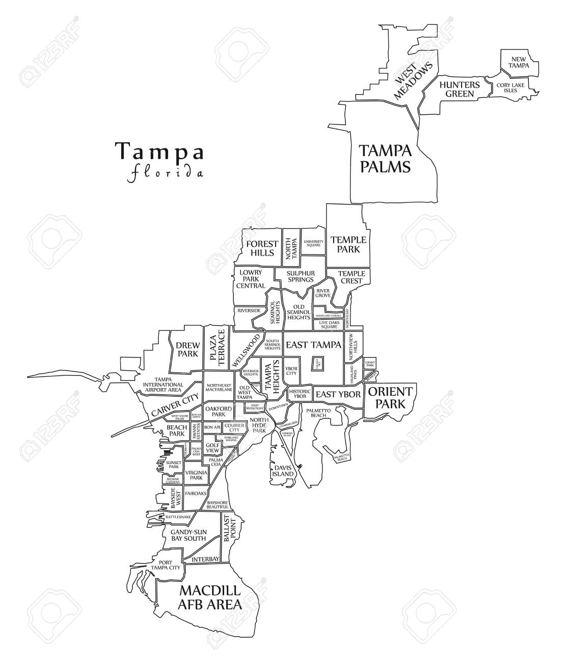 Cities Near Tampa Florida Map Mapa De La Ciudad Moderna - Ciudad De Tampa Florida De Los Estados Unidos  Con Barrios Y Mapa De Contorno De Títulos Ilustraciones Svg, Vectoriales,  Clip Art Vectorizado Libre De Derechos. Image 104702400.
