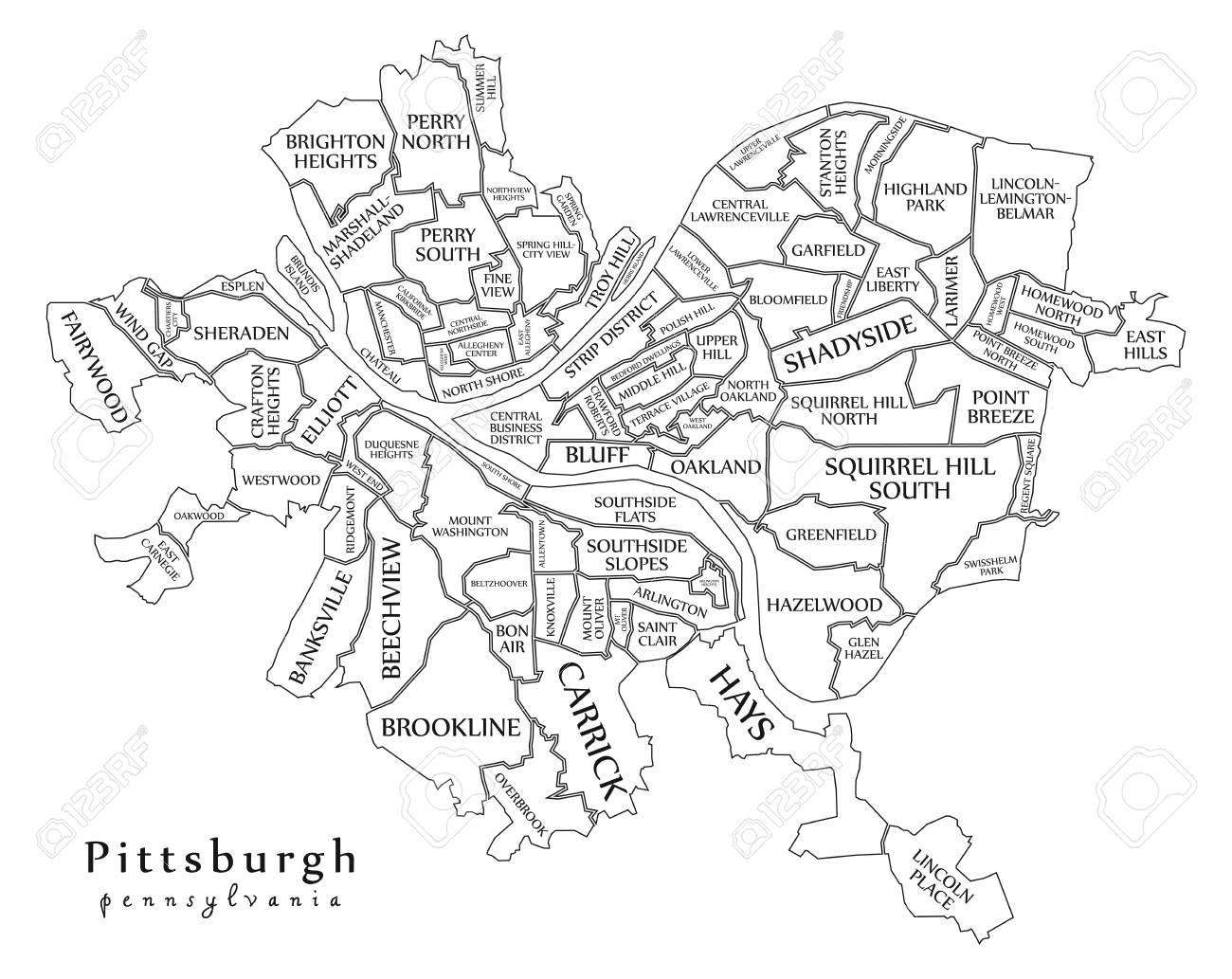 Pittsburgh City Limits Map Modern City Map - Pittsburgh Pennsylvania City Of The Usa With  Neighborhoods And Titles Outline Map Royalty Free Svg, Cliparts, Vectors,  And Stock Illustration. Image 114923529.