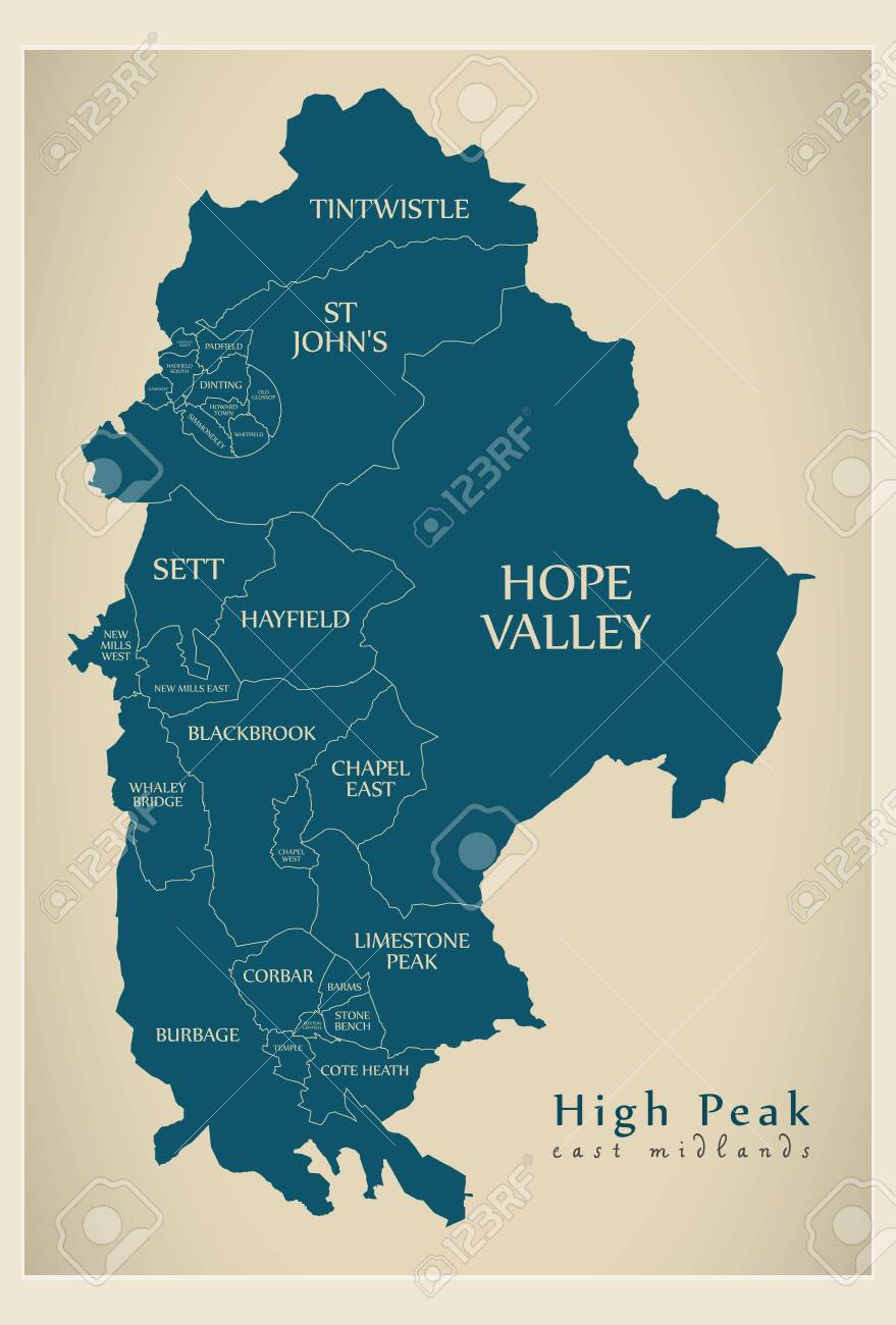 Map Of High Peak Wards Map Of High Peak District In East Midlands England Uk With Labels  Stock Photo, Picture And Royalty Free Image. Image 129215939.