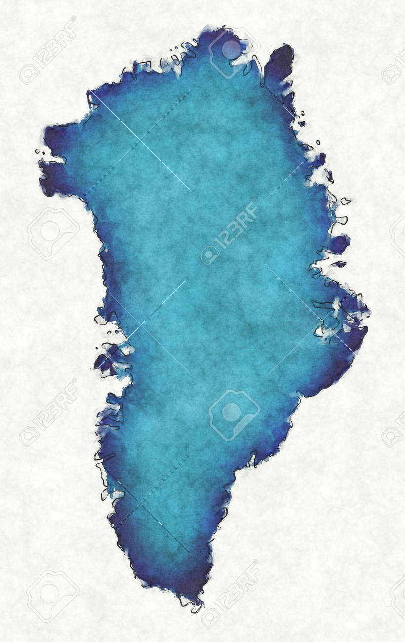 Greenland map with drawn lines and blue watercolor illustration - 168026953 Greenland map with drawn lines and blue watercolor illustration - 168026953