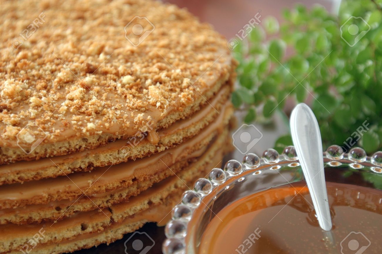 Honey Cake Baked According To A Traditional Old Armenian Recipe And A Bowl With Honey Very Shallow Dof Stock Photo Picture And Royalty Free Image Image
