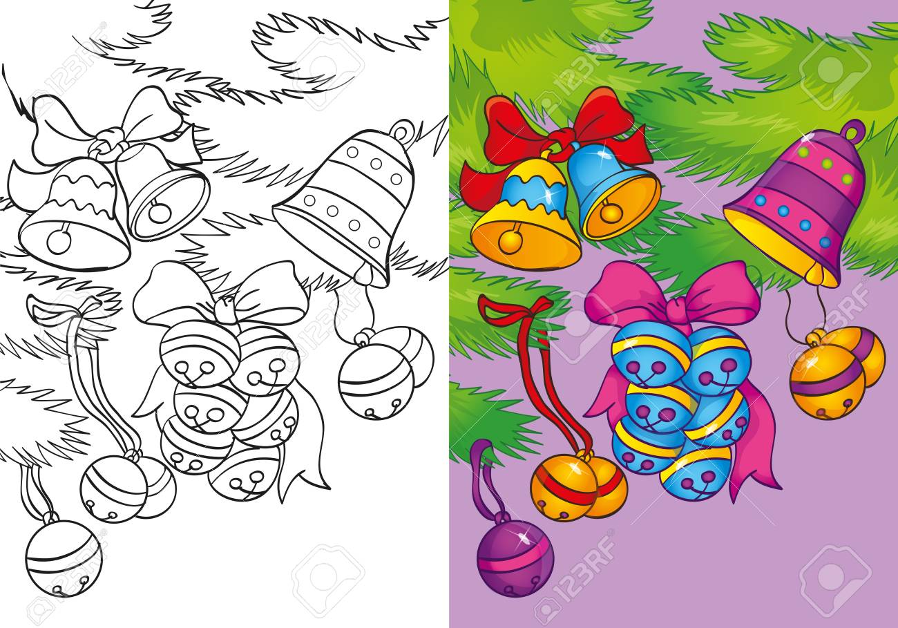 Vector Illustration Of Different Christmas Bells At Tree Branch