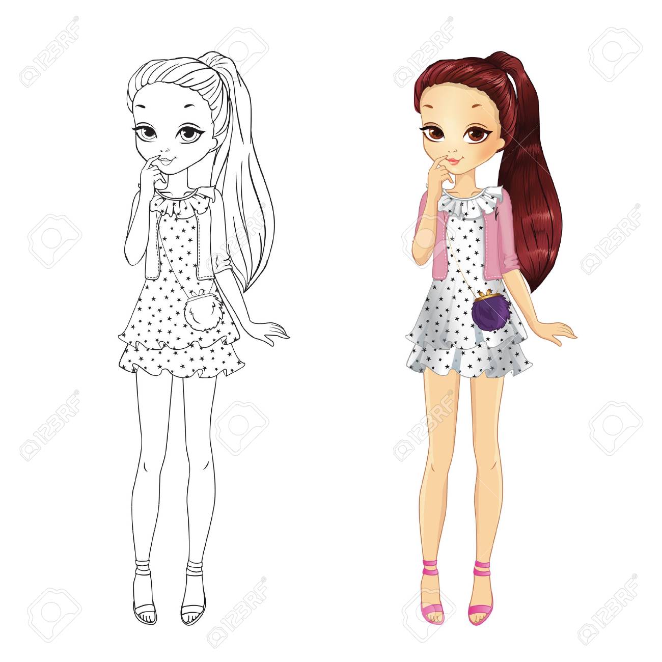 Coloring book vector illustration of beautiful girl in star pint dress - 68493519 Coloring book vector illustration of beautiful girl in star pint dress - 68493519