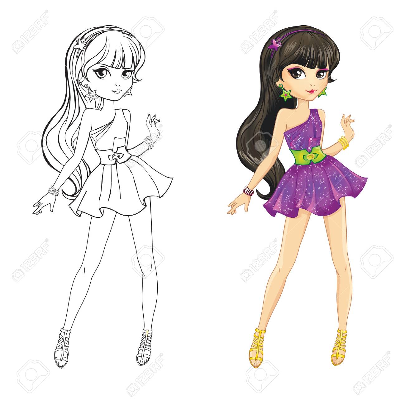 Desenho de Menina com vestido curto pintado e colorido por Joanas