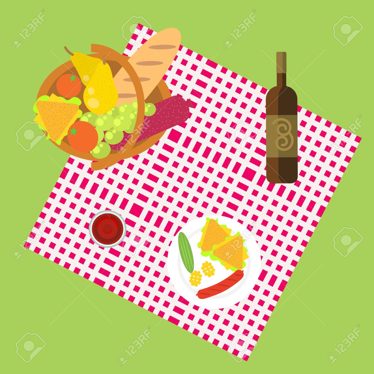 屋外の草平イラストを草原で食事 1 つの家族のピクニック 食品 果物 野菜 パン 肉の完全なバスケット ワインとブランケット布板のイラスト素材 ベクタ Image 41070347