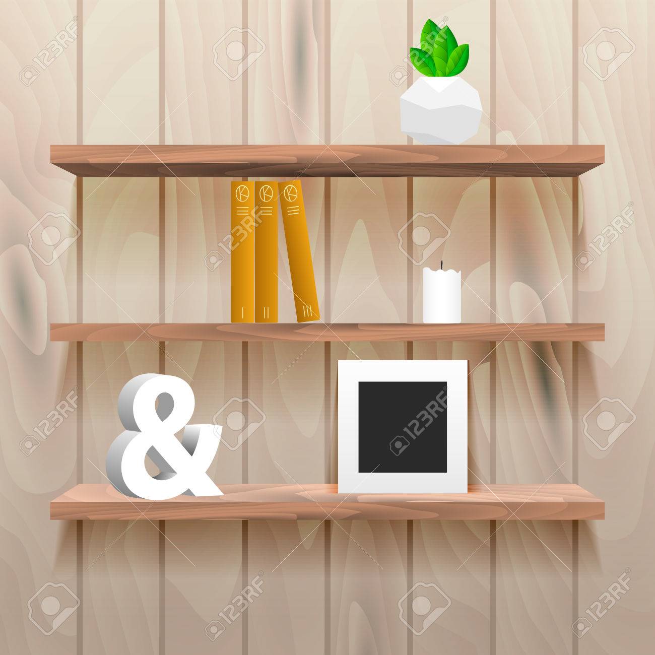 Tageres De Livres En Interieur Chambre A La Decoration Mur Naturel Realiste En Bois Avec Rangement Pour La Decoration Livres Esperluette Plante Cadre Photo Clip Art Libres De Droits Vecteurs Et