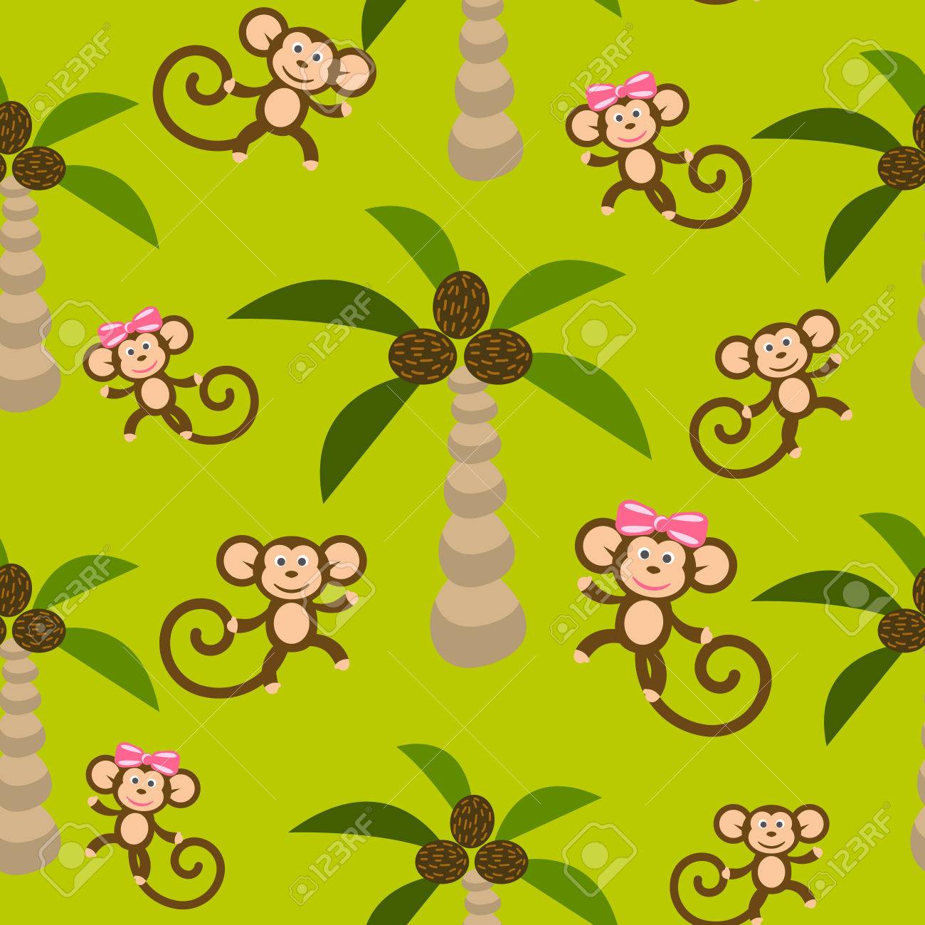 Singe Enfant Modele Vectoriel Sans Soudure Pour L Industrie Textile Impression Vert Heureux Jungle De Bande Dessinee Couple Singe Avec Cocotiers Modele De Tissu Bebe Clip Art Libres De Droits Vecteurs Et