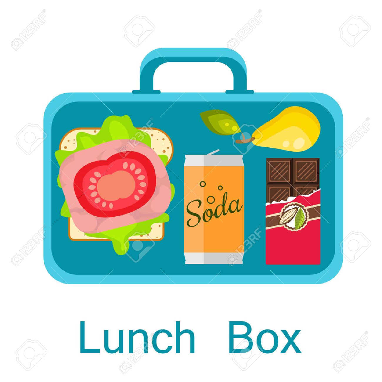 Lunch Box Vector Bag With Sandwich Soda Chocolate And Pear Snack Lunch Box Vector Bag With Sandwich Soda Chocolate And Pear Snack