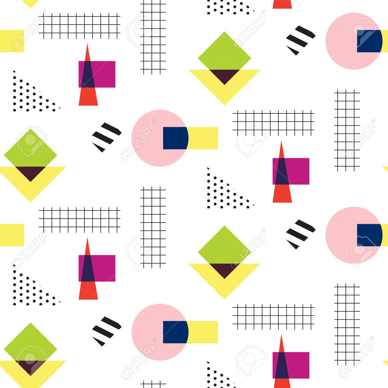 メンフィス レトロな 80 年代のシームレスなパターン 市松模様のライン 抽象的な形色のブロックとダッシュ ドット要素 80 年代ファッション スタイル 円は 市松模様の正方形 のイラスト素材 ベクタ Image