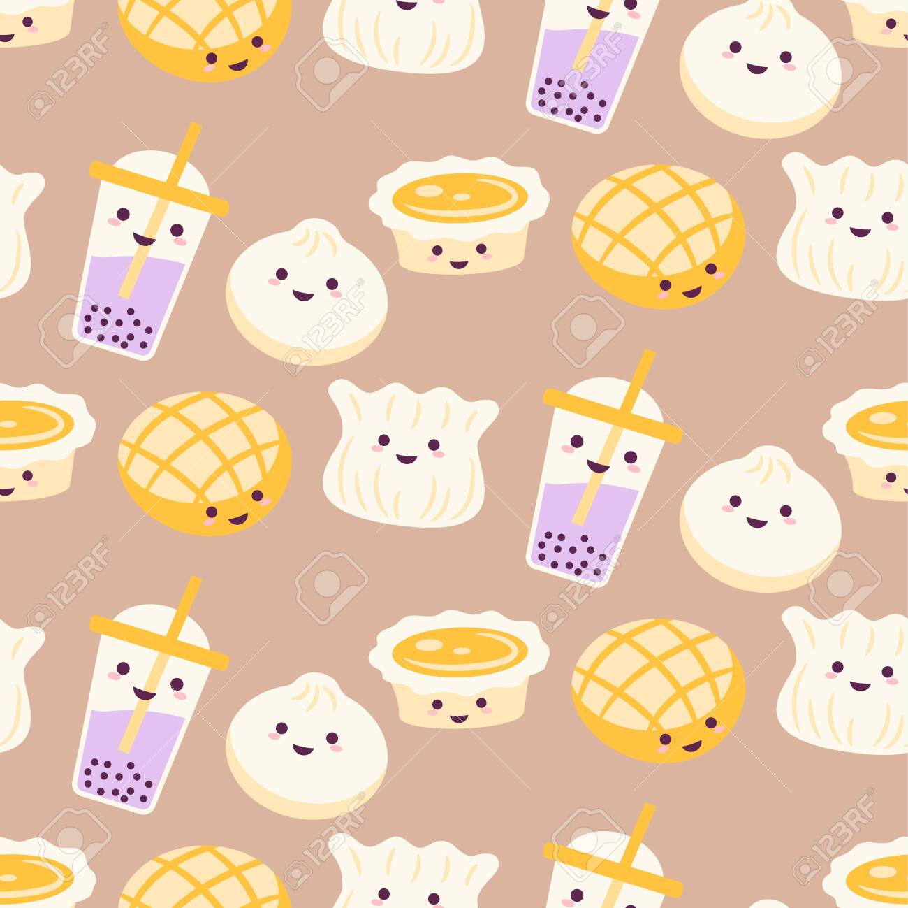 Asian Street Food Cartoon Pattern Vector With Egg Tart, Bubble Tea And Dim  Sum Beige Background. Kawaii Chinese Dishes Fun Seamless Background.  Royalty Free SVG, Cliparts, Vectors, and Stock Illustration. Image  121811141., image size:1300x1299