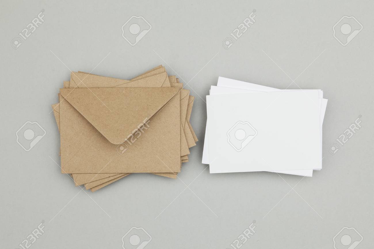 blank white card with kraft brown paper envelope template mock