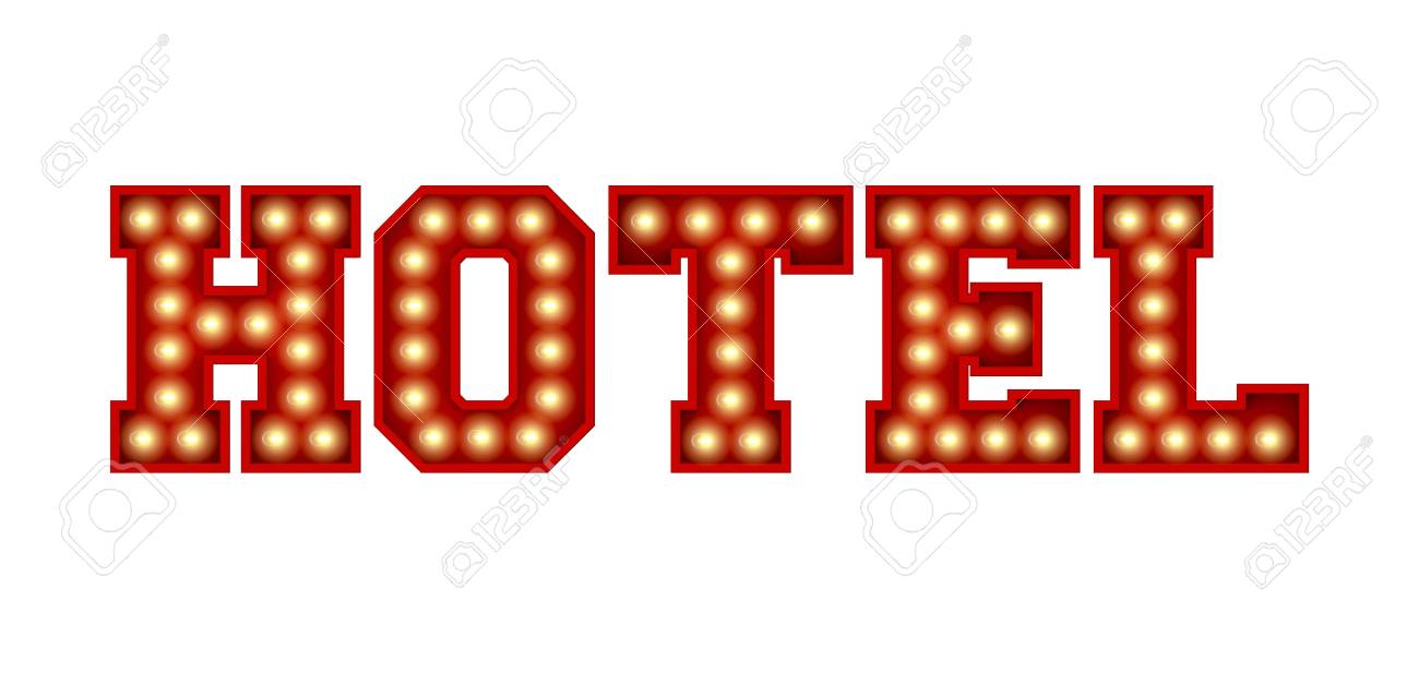 hotel word made from red vintage lightbulb lettering isolated hotel word