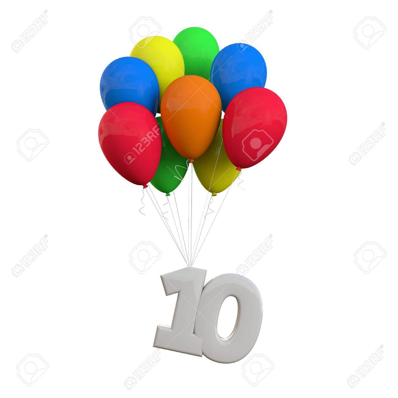 Number 10 Party Celebration. Number Attached To A Bunch Of Balloons. 3D  Rendering Stock Photo, Picture and Royalty Free Image. Image 101771564., image size:1300x1300