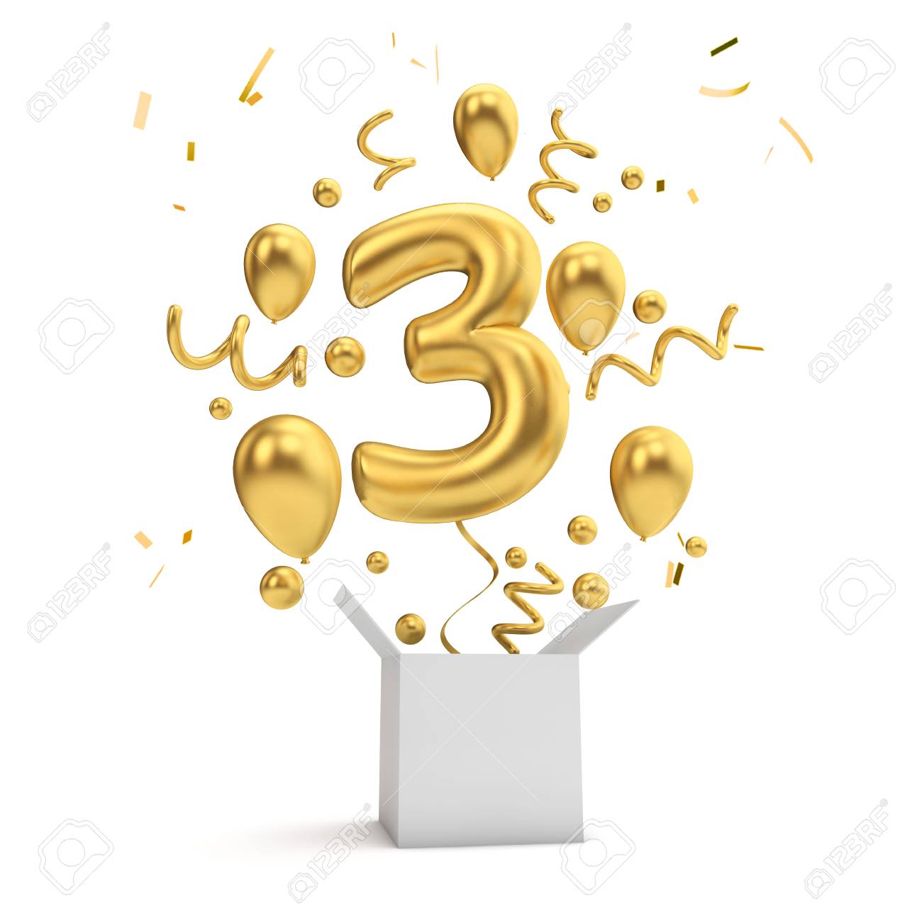 Happy 3rd Birthday Gold Surprise Balloon And Box 3d Rendering
