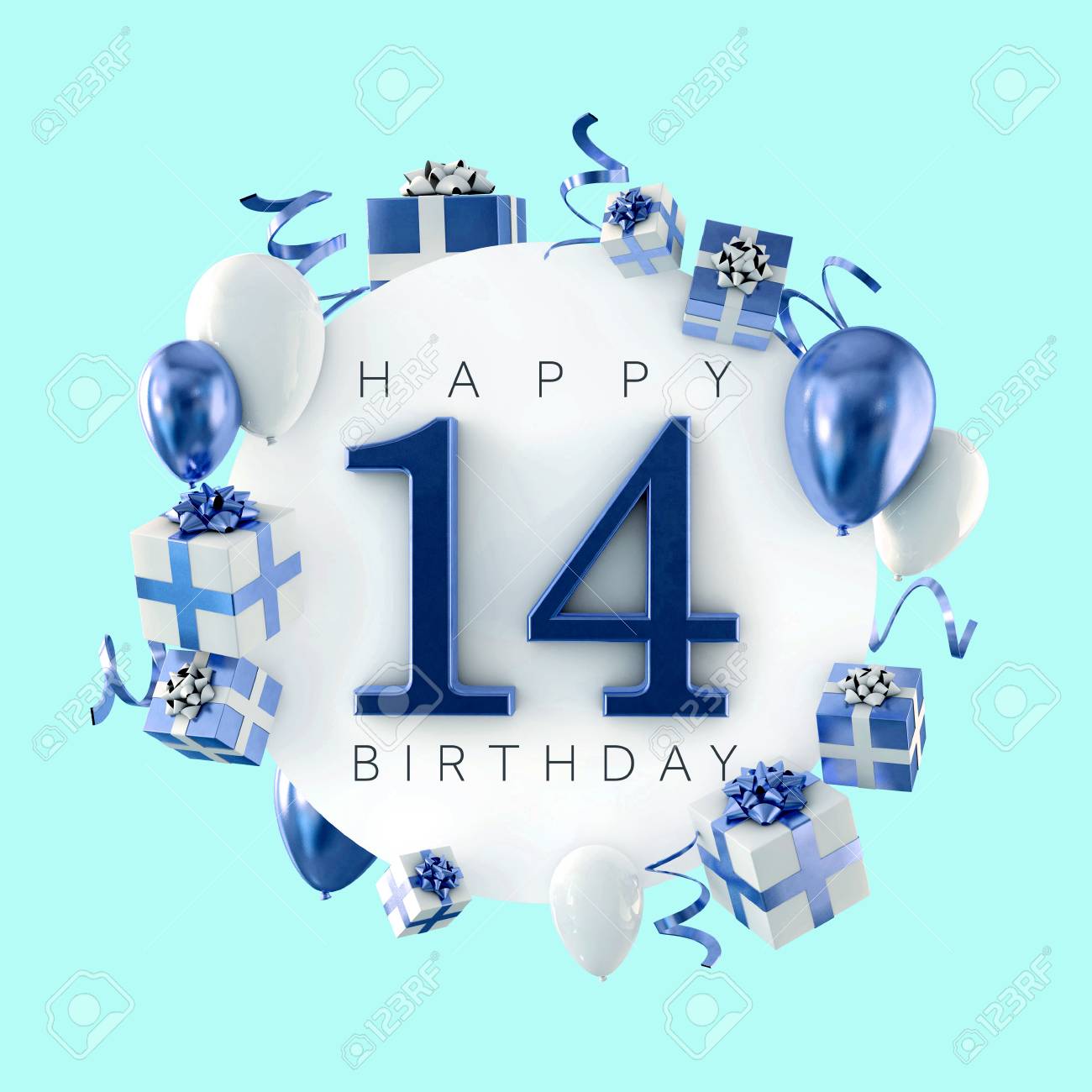 Happy Birthday 14th Boy Happy 14Th Birthday Party Composition With Balloons And Presents. 3D Render  Stock Photo, Picture And Royalty Free Image. Image 119807147.