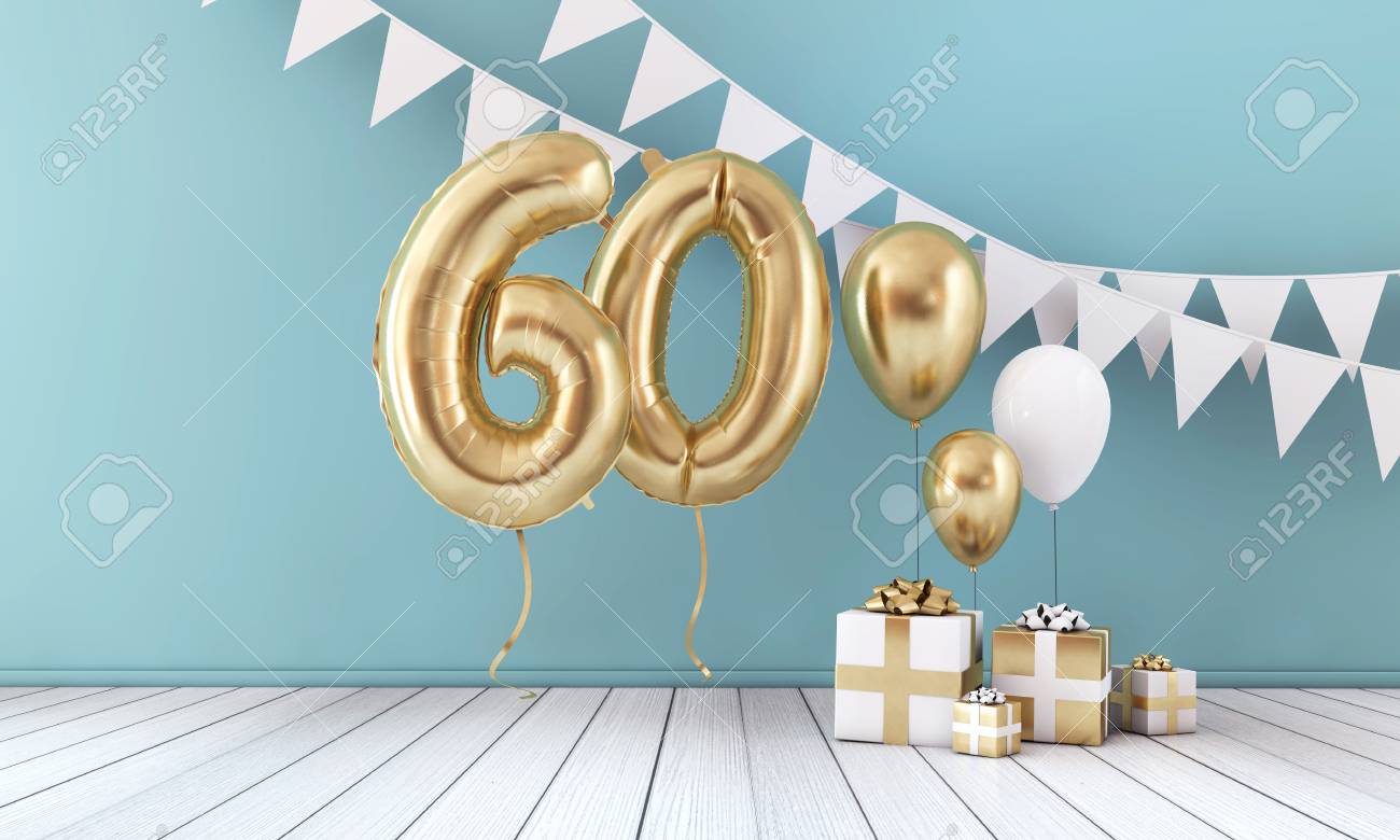 Happy 60th birthday party celebration balloon, bunting and gift box. 3D Render - 123237032 Happy 60th birthday party celebration balloon, bunting and gift box. 3D Render - 123237032