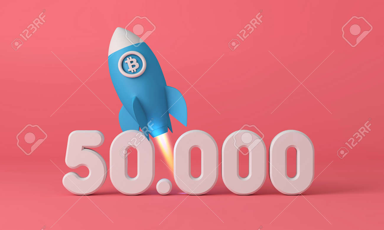 ビットコイン暗号通貨ロケットは50,000の価格帯に離陸します。 3Dレンダリングの写真素材・画像素材 Image 169987037