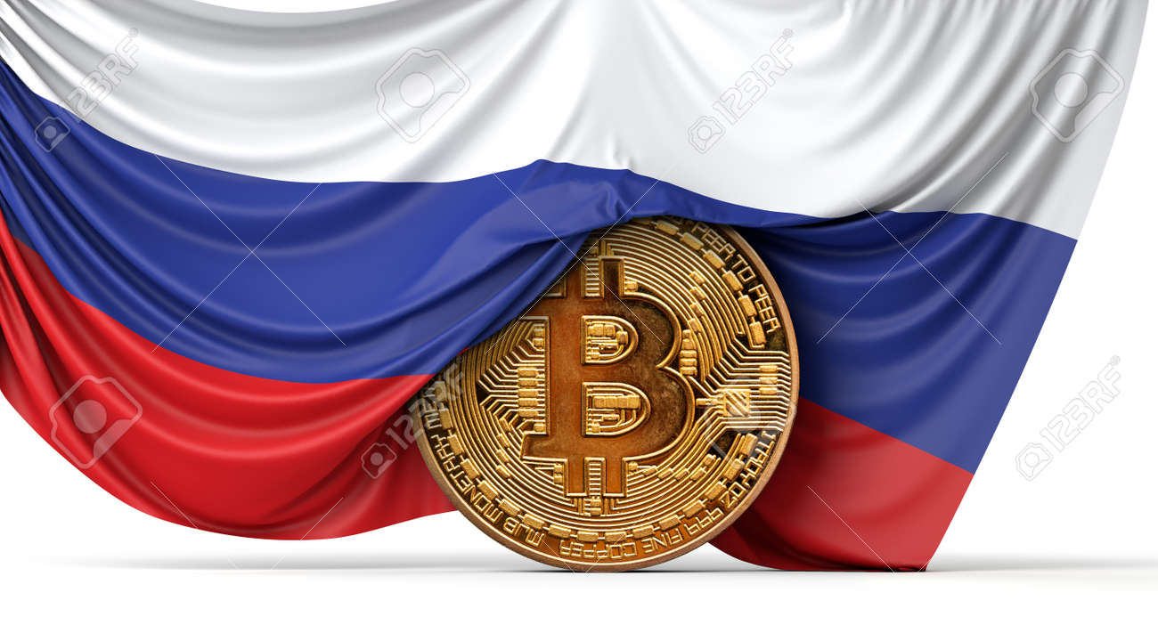 Russia Flag Draped Over A Bitcoin Cryptocurrency Coin. 3D Rendering Stock  Photo, Picture and Royalty Free Image. Image 171043503.