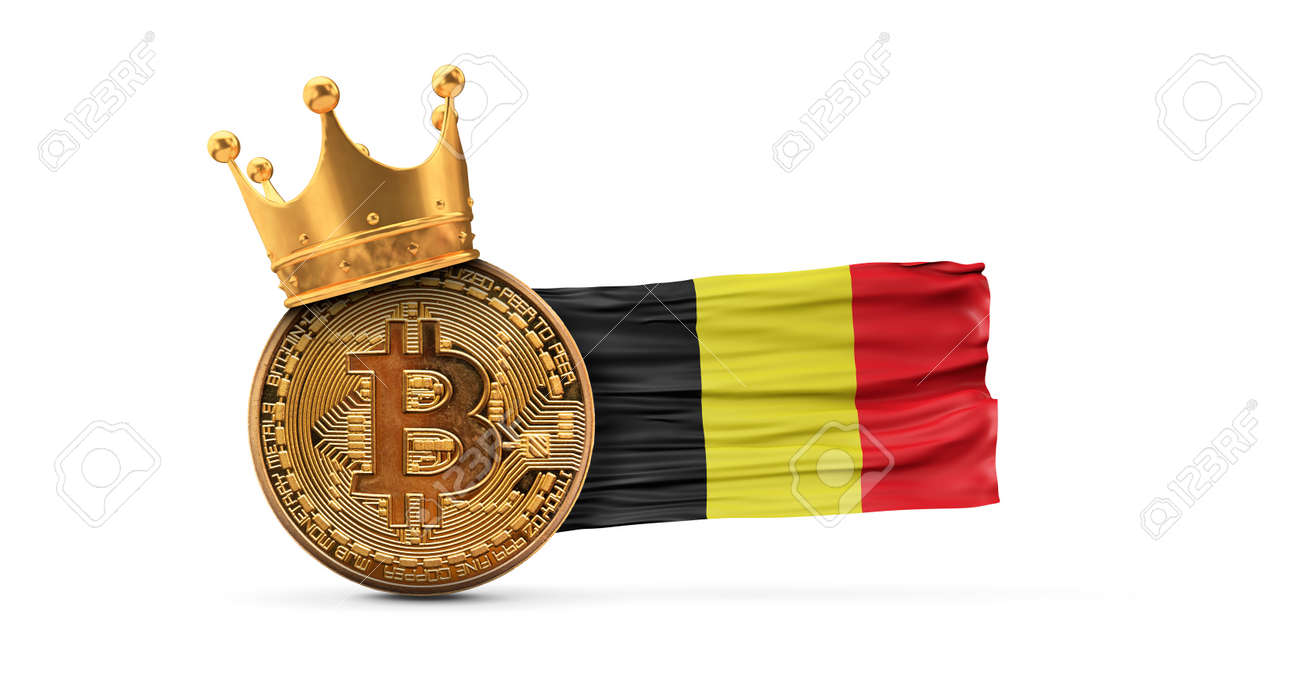 金の王冠とベルギーの旗を持つビットコイン。暗号通貨の王様のコンセプト。 3Dレンダリングの写真素材・画像素材 Image 178456137
