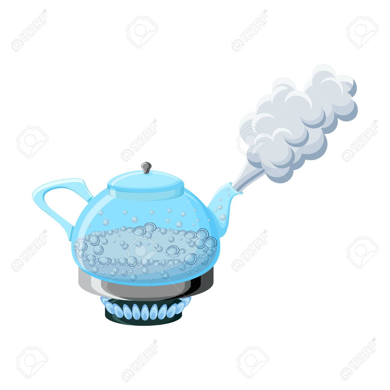 Bouilloire En Verre Transparent Avec De Leau Bouillante Et De La Vapeur Sur La Cuisinière à Gaz Isolé Sur Fond Blanc Illustration De Vecteur De