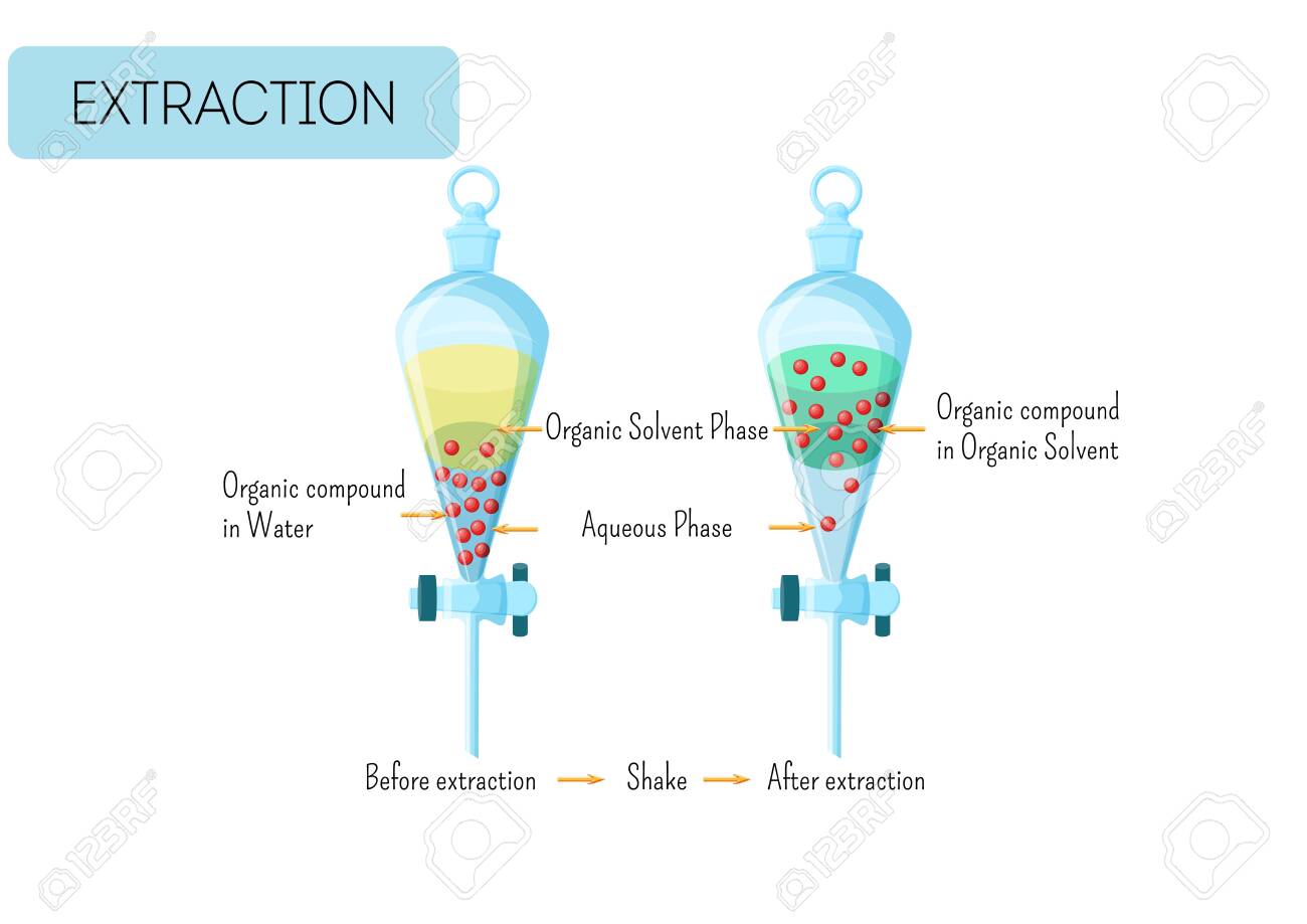 Chemical extraction of organic compound from water solution to organic solvent diagram. Educational chemistry for kids. Cartoon style vector illustration. - 127964531 Chemical extraction of organic compound from water solution to organic solvent diagram. Educational chemistry for kids. Cartoon style vector illustration. - 127964531