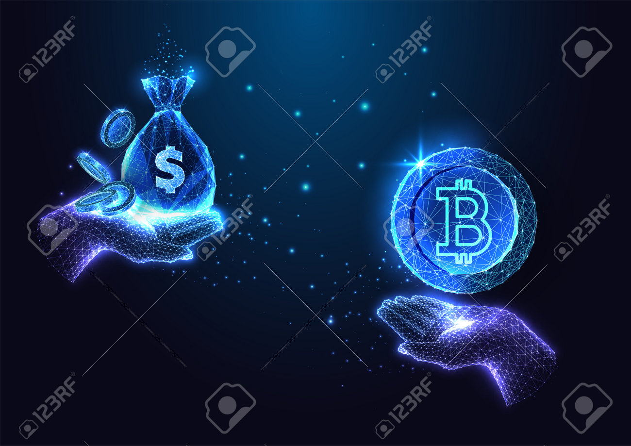 濃い青の背景にビットコインとドル硬貨の袋を持つ手を持つ暗号通貨交換値のコンセプトのイラスト素材・ベクター Image 192343611