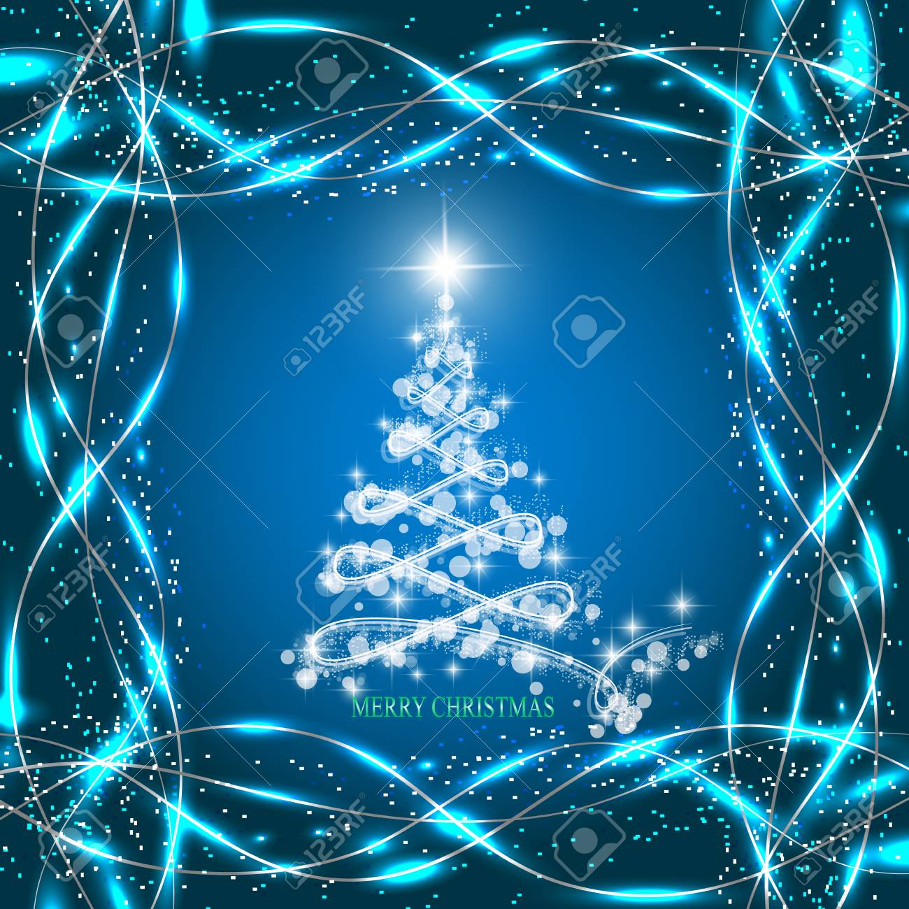 クリスマス ツリー ラインと星と波背景を抽象化します 青と白の色のイラストです の写真素材 画像素材 Image