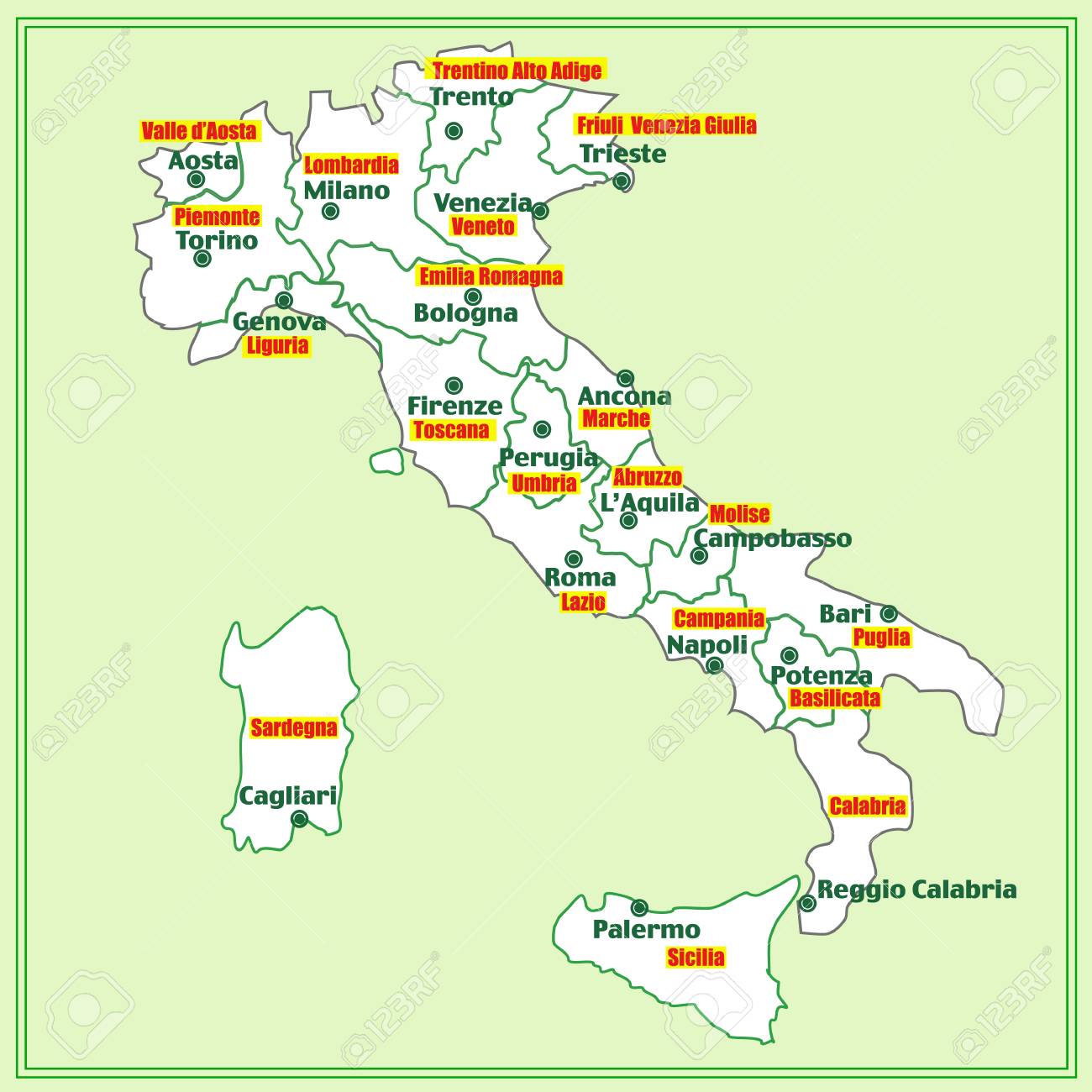 Basic Map Of Italy Italy Map With Italian Regions. Illustration. Stock Photo, Picture And  Royalty Free Image. Image 95534761.